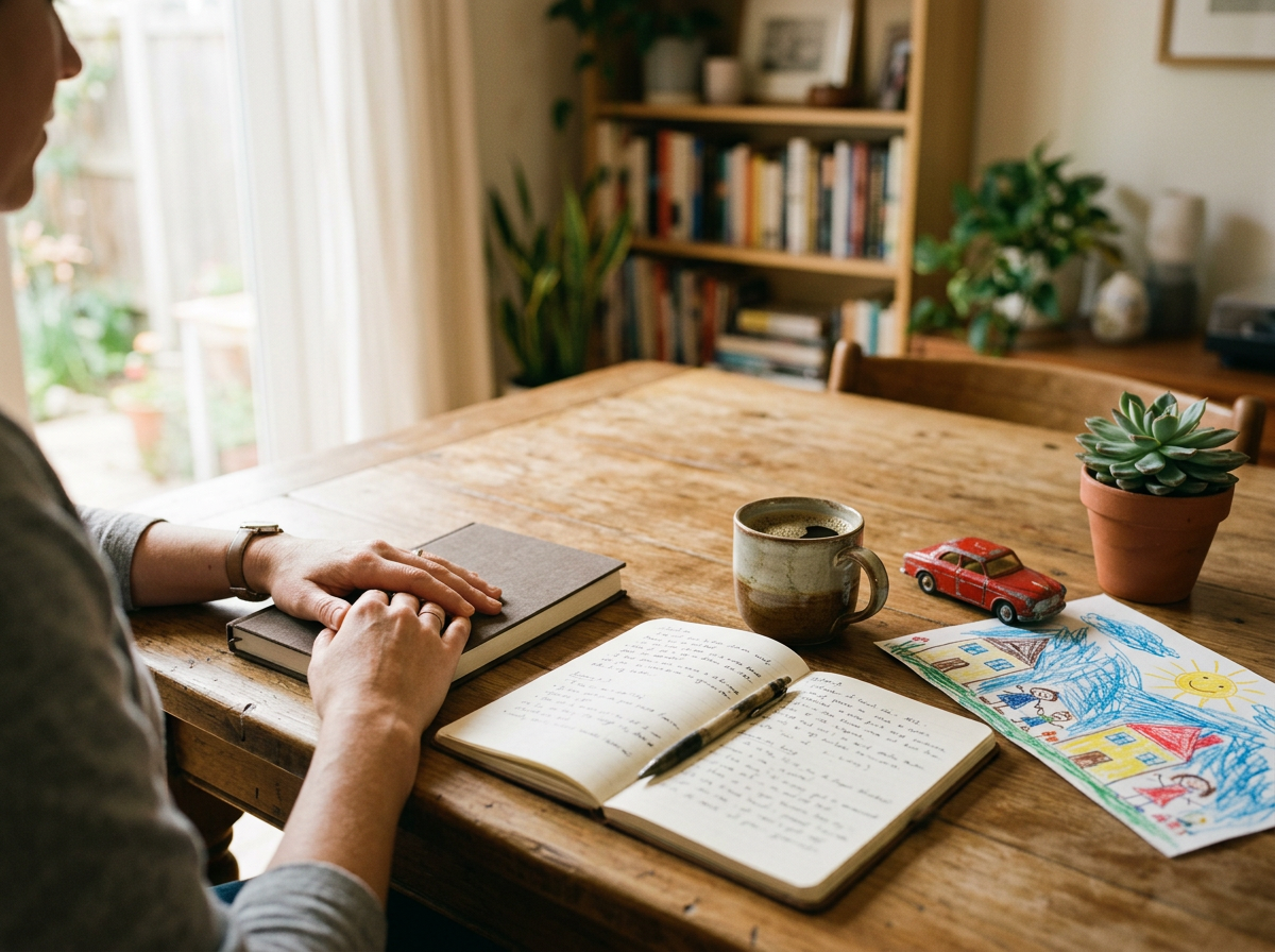 Des mains posées sur un carnet autour d’une table de famille, avec une tasse, une petite voiture et un dessin d’enfant.