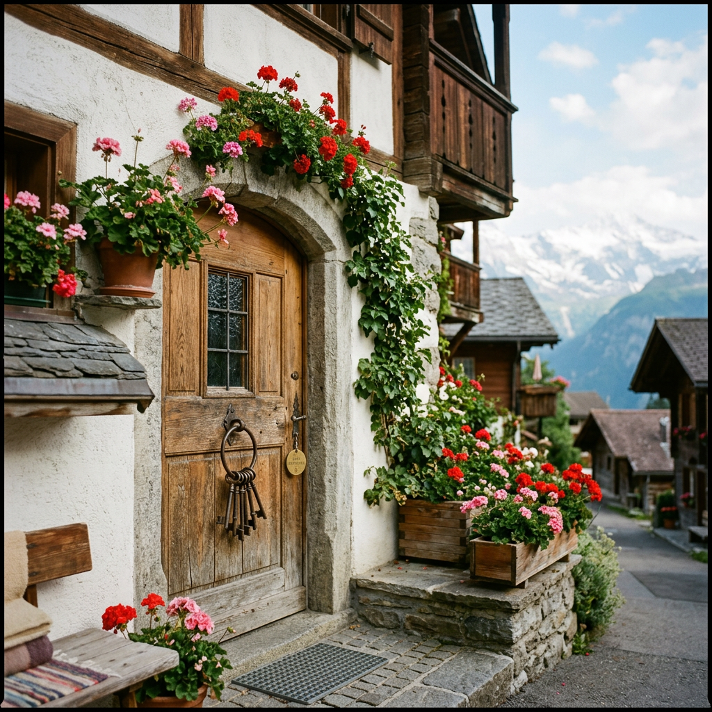 Une porte d’entrée en bois avec un trousseau de clés.