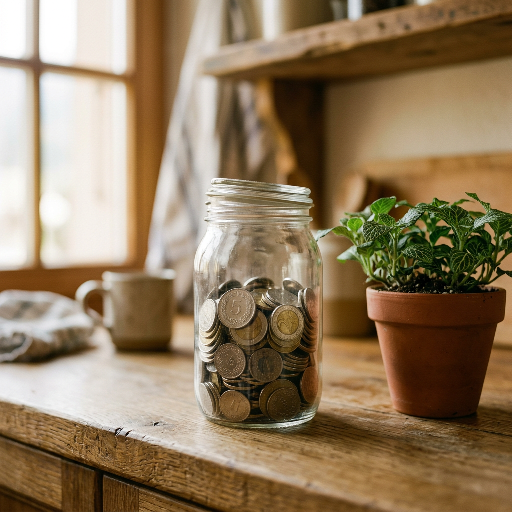 Un bocal en verre rempli de pièces, à côté d’une petite plante.