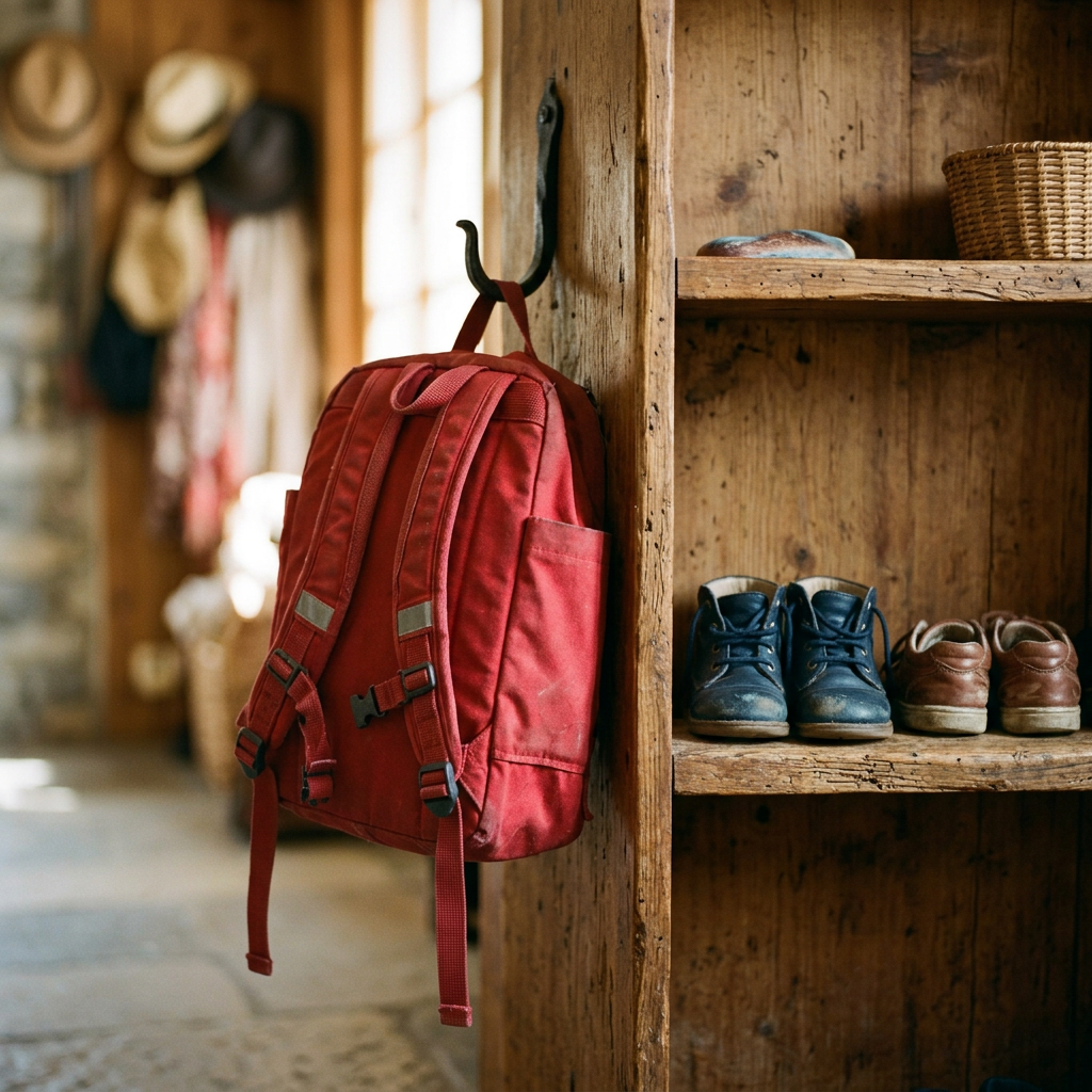 Un cartable d’écolier rouge sur un crochet, à côté de petites chaussures.